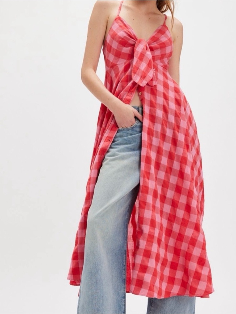 Free People Via Midi Dress Red Combo Everly Large Gingham